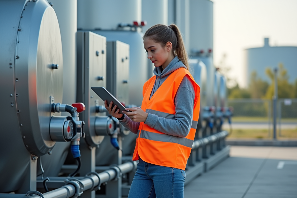 Jeune technicienne observant une station d