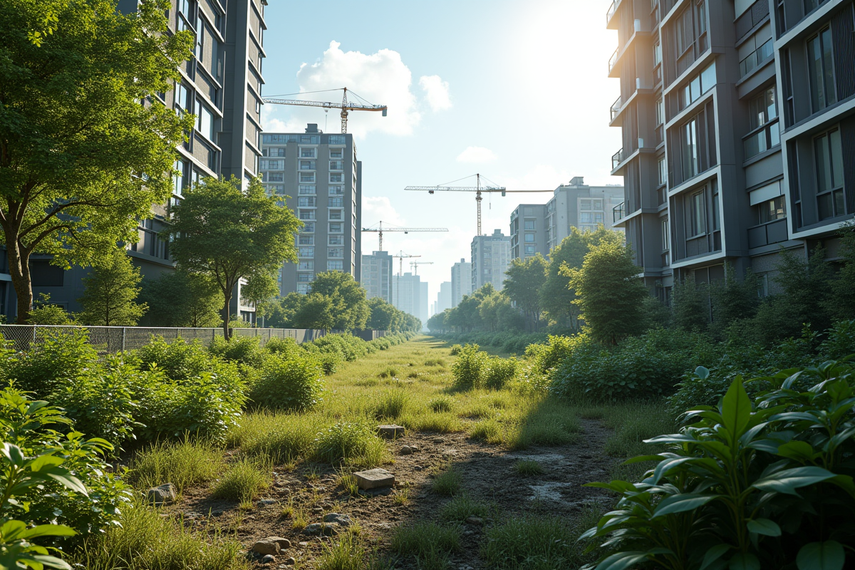 Terrain vacant en ville avec immeubles et grues en arrière-plan