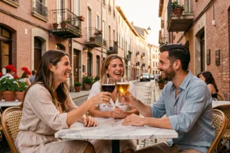 Groupe d'amis en terrasse de bar à Toulouse au coucher du soleil, trinquant avec des verres de vin et de bière artisanale dans un quartier aux façades en briques roses