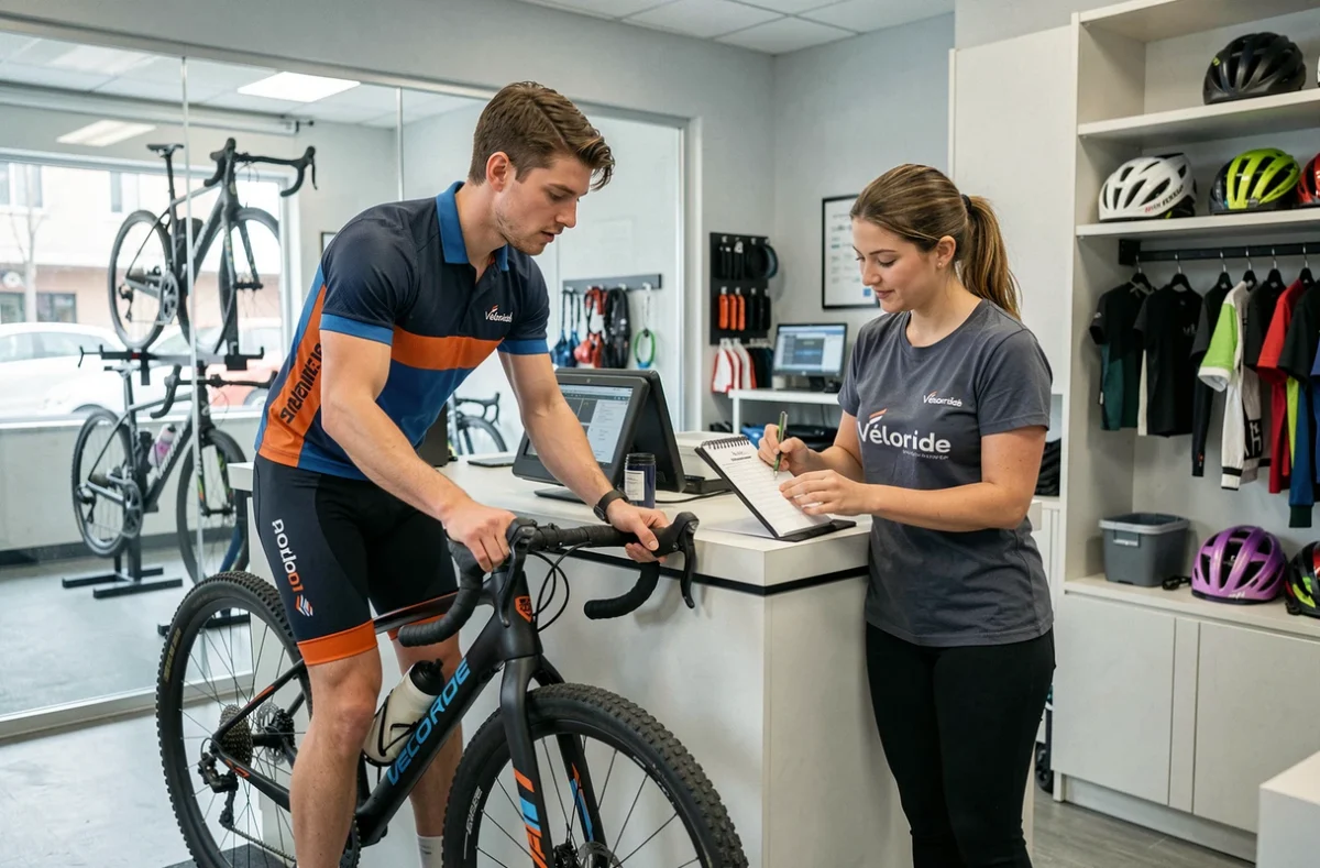Client déposant un vélo gravel au comptoir de service de Véloride avec une mécanicienne