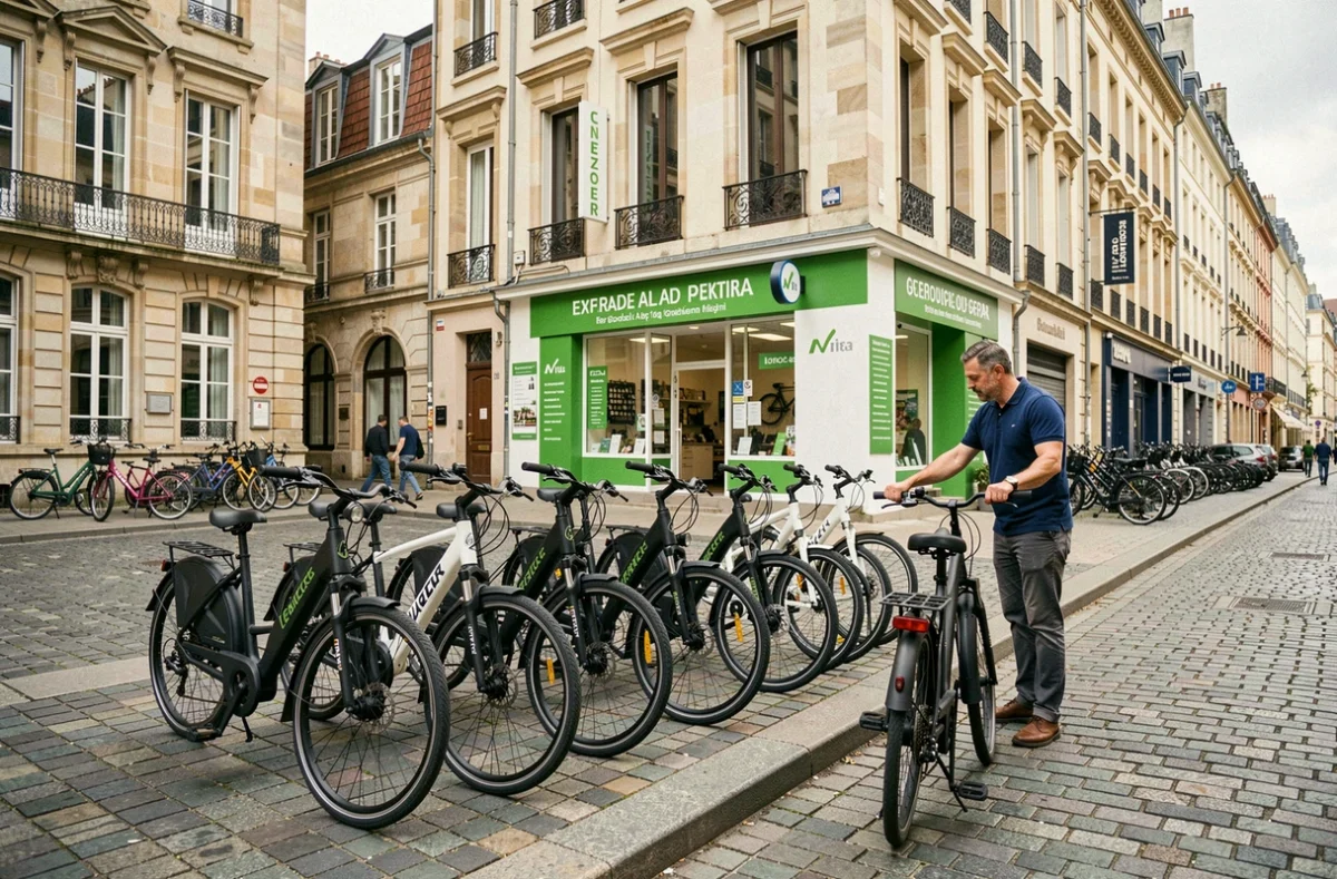 Rangée de vélos de ville devant la boutique Vélos O'City dans une rue pavée du Grand Est
