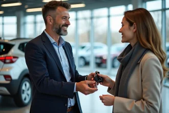 Vendeur de voitures souriant remettant les clés à une cliente dans un showroom
