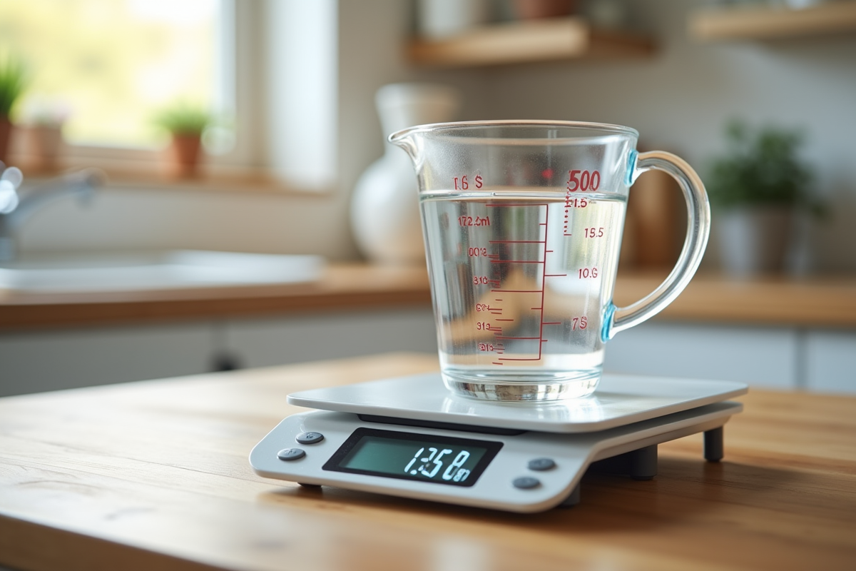 Verre mesureur avec eau et balance de cuisine