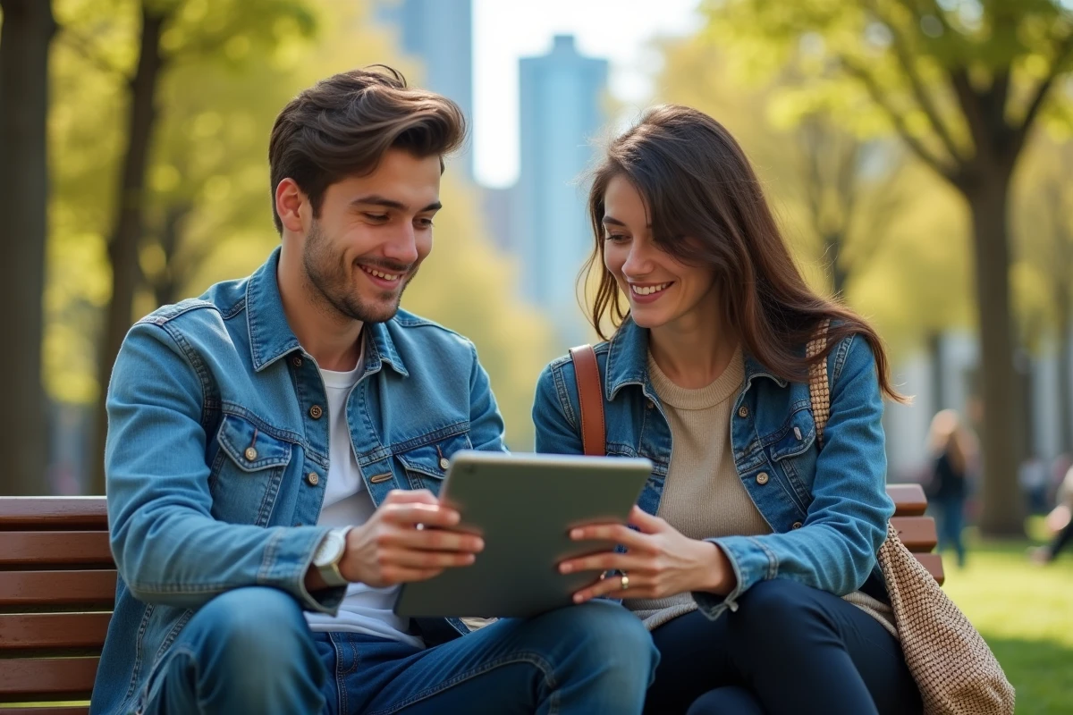Deux jeunes en visioconference dans un parc urbain