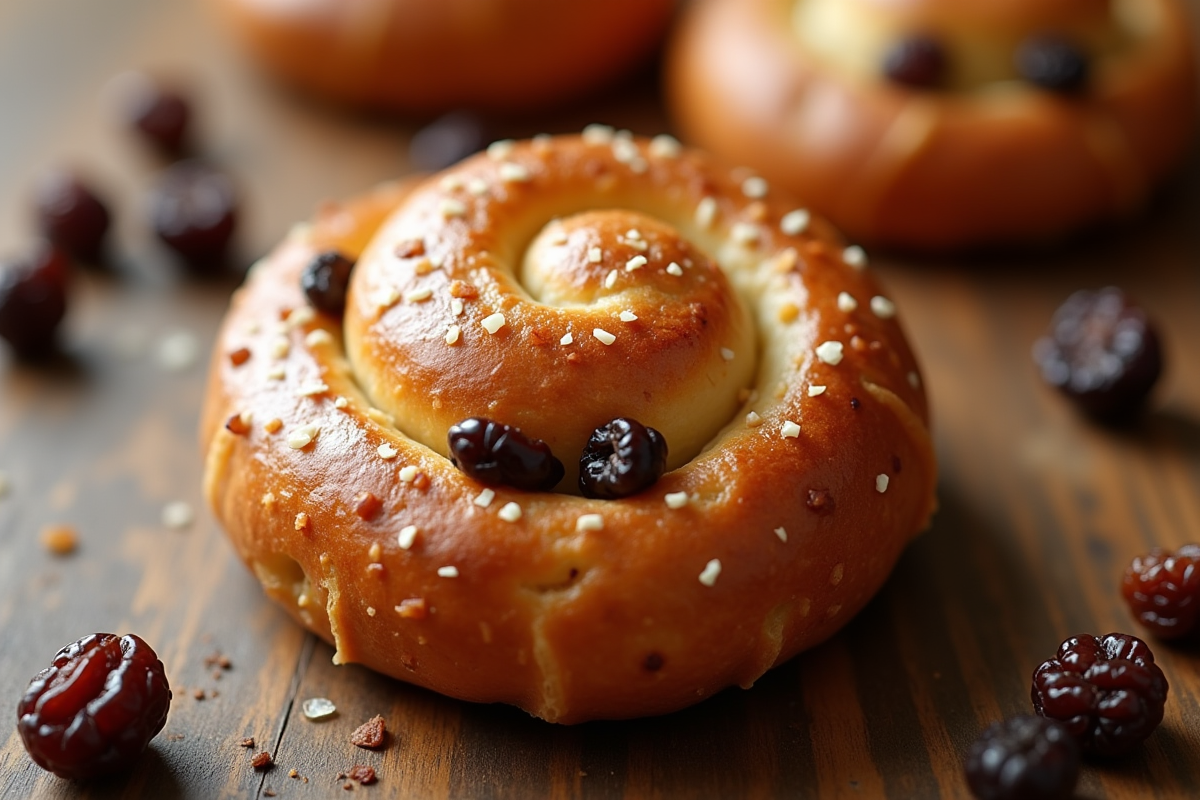 Gros plan d'une viennoiserie aux raisins dorée
