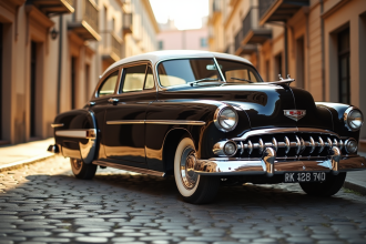 Voiture vintage élégante sur rue pavée ensoleillée