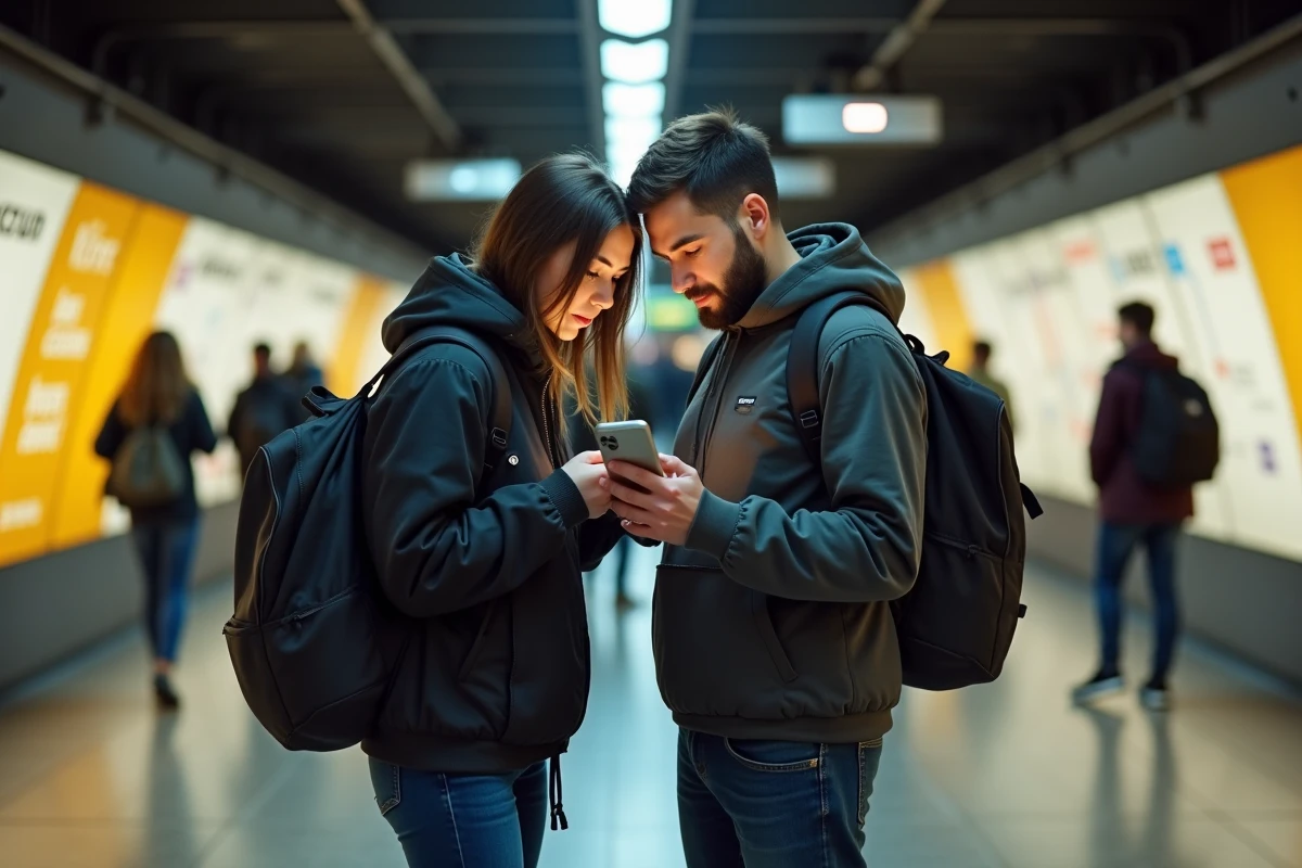 Deux voyageurs consultant une application de plan RER et métro à la station Châtelet-Les Halles