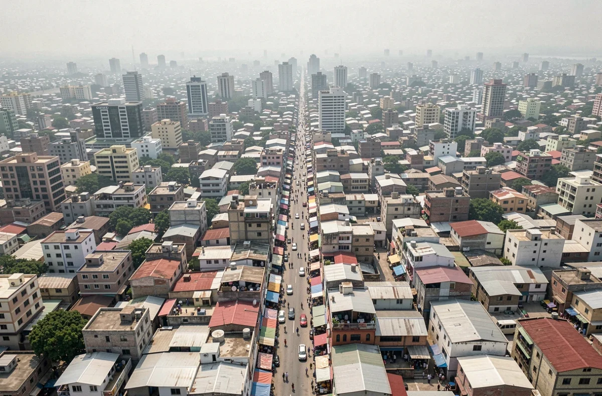 Vue aérienne d'une ville densément peuplée du sous-continent indien montrant l'étalement urbain et la densité démographique