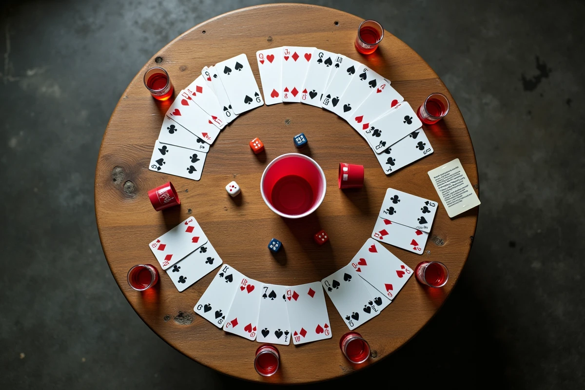 Vue de dessus d'un jeu de cartes en cercle style palmier disposé sur une table en bois avec des verres à shot